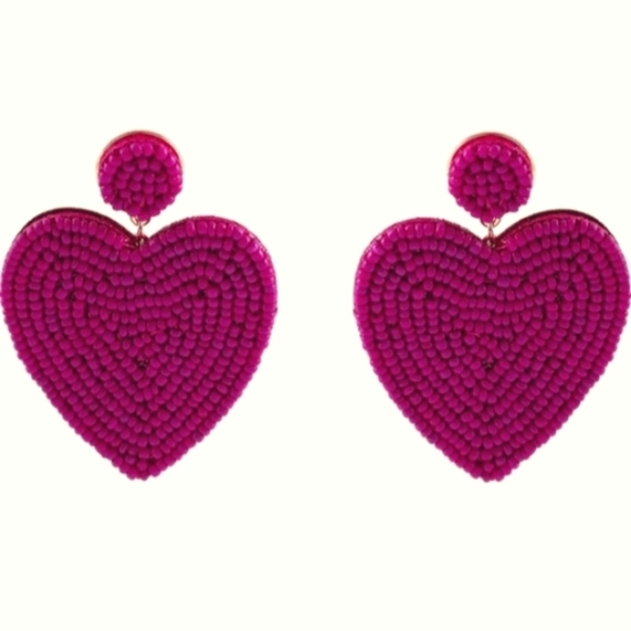 Handmade Large Fuchsia Heart Beaded Earrings Seed Beads Statement Jewelry New - Picture 3 of 10